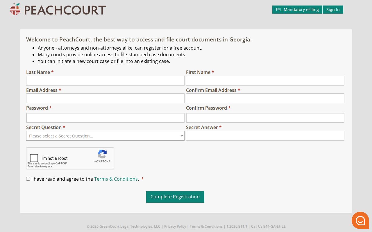 PeachCourt registration fields for Lee County case search access