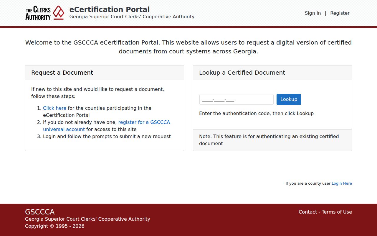 Georgia clerk eCertification request interface