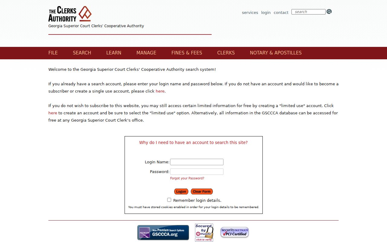 GSCCCA account login and clerk terminal notice
