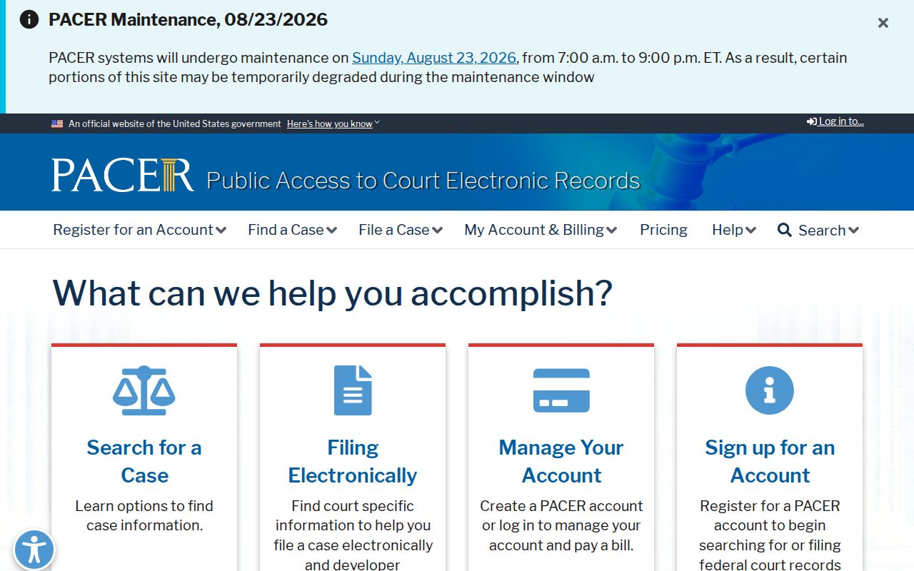PACER federal court records search home page