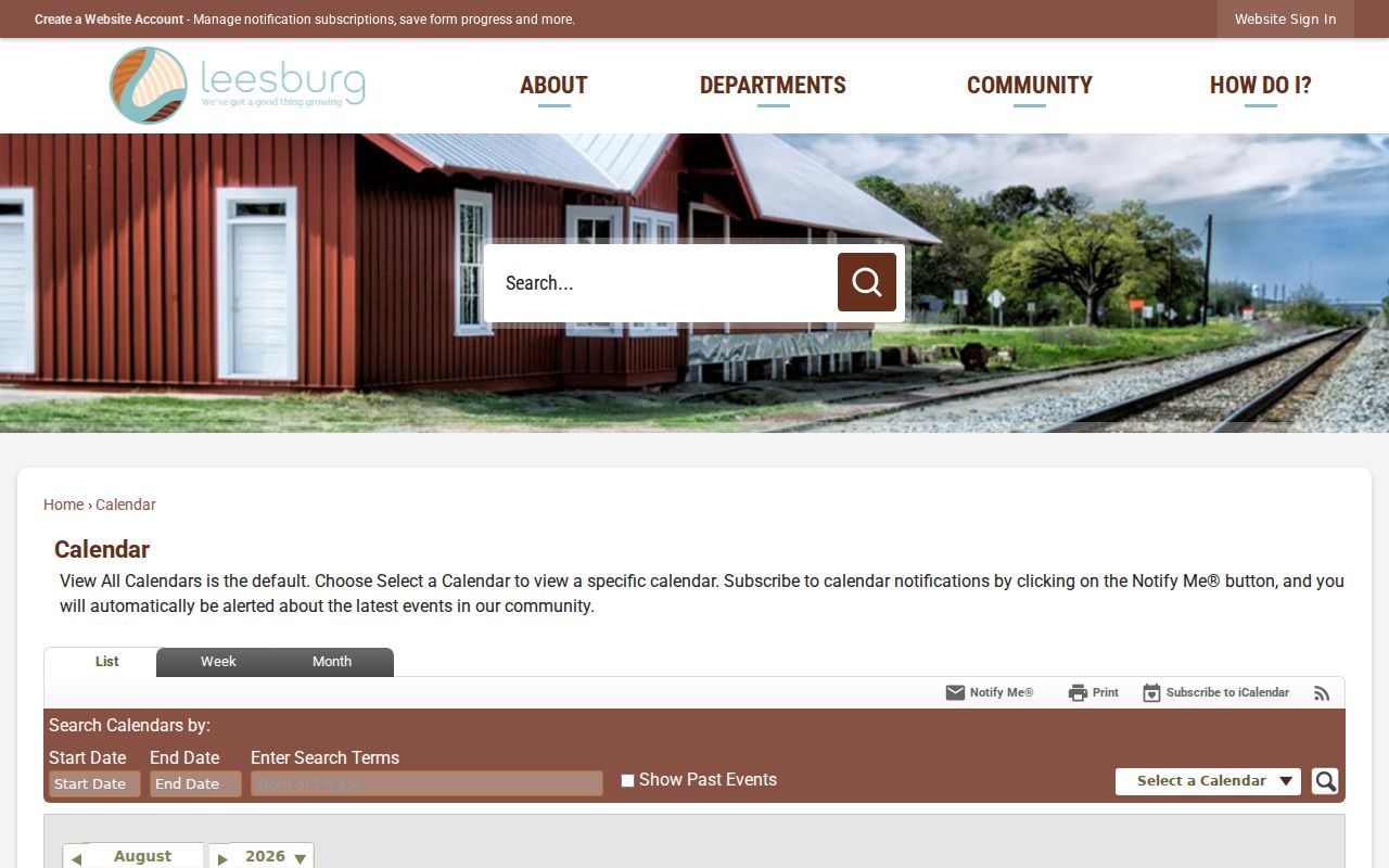 Leesburg calendar filters and Court Calendar selector