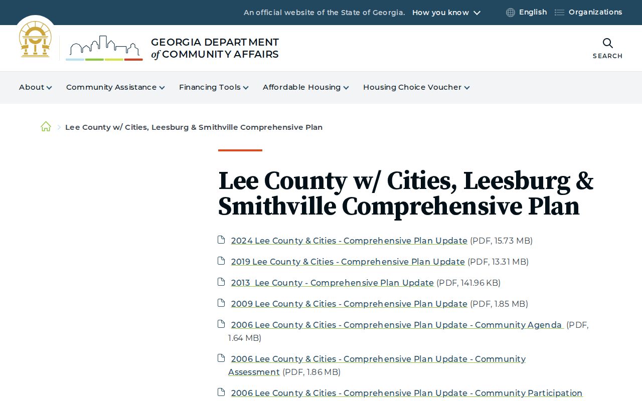 Georgia DCA Lee County planning page naming Leesburg and Smithville